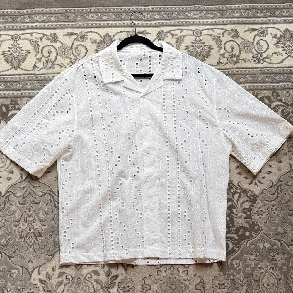 Zara Men's White Eyelet Button Down Shirt
